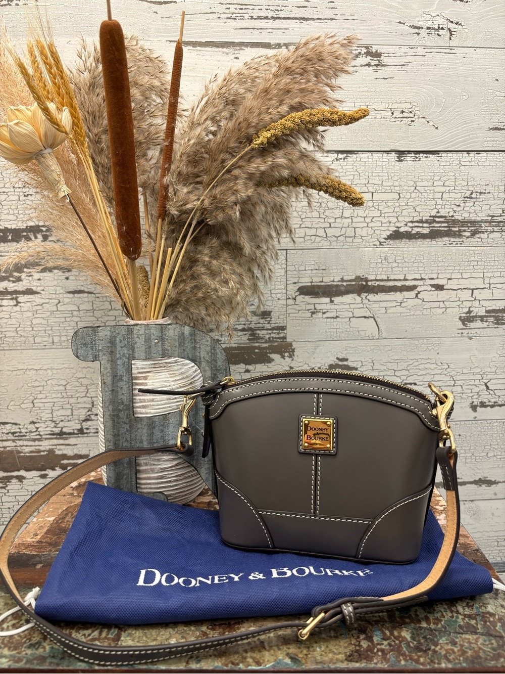 Dooney & Bourke Gray Leather Crossbody with White Contrast Stitching